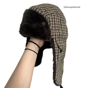 Grunge “Goorin Bros” NWT Brown & Yellow Plaid Faux Fur Trim Trapper Hat